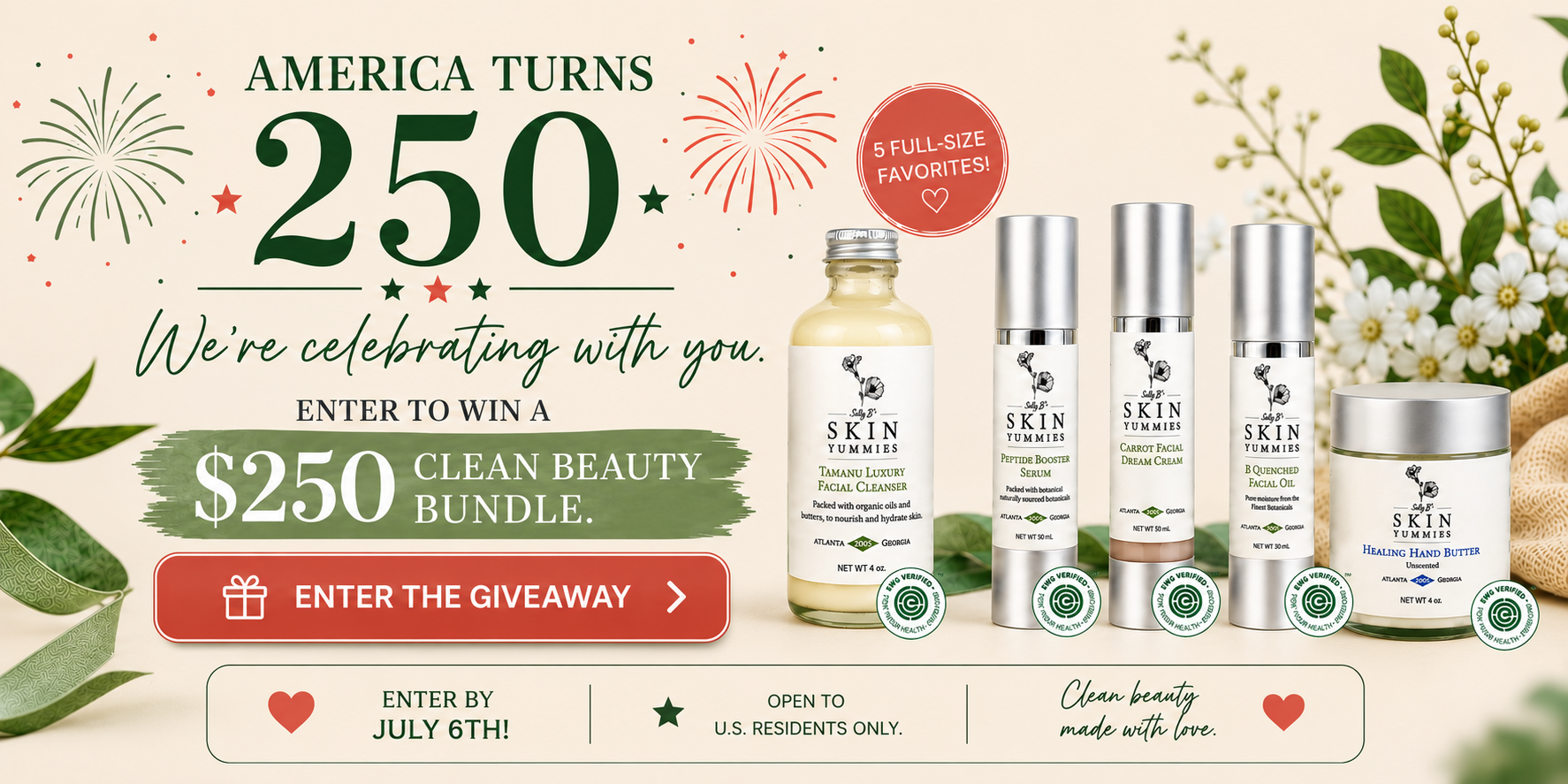 Sally B's Skin Yummies botanical skincare giveaway featuring Tamanu Luxury Facial Cleanser, Peptide Booster Serum, Carrot Facial Dream Cream, B Quenched Facial Oil, and Healing Hand Butter valued at over $250.